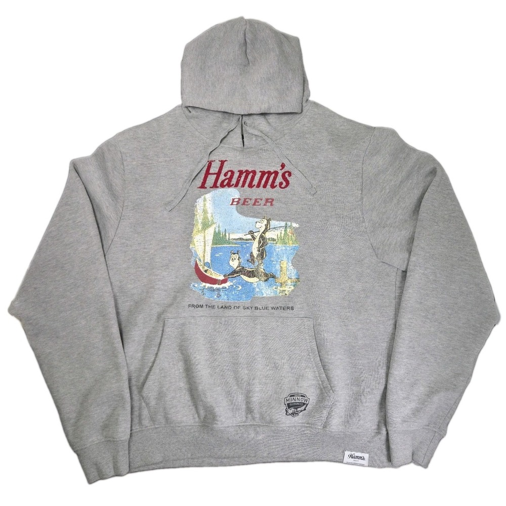 Angry Minnow Hamm's Beer Graphic Print Men's XL Pullover Hoodie Heather Gray EUC